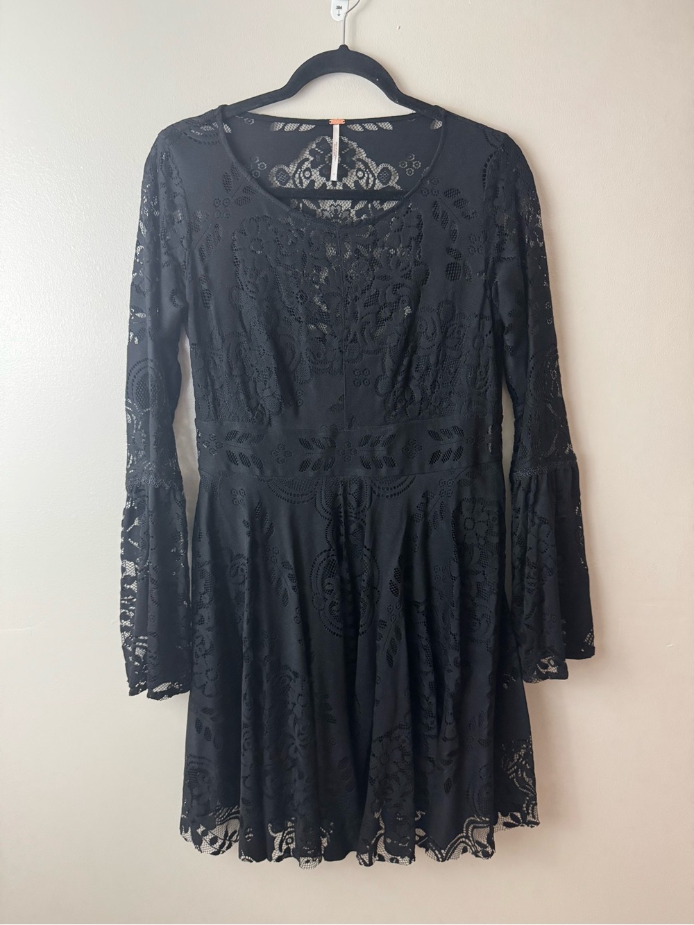 Free People Lovers Folk Song Dress Fit Flare Black Lace Goth Grunge Size 4